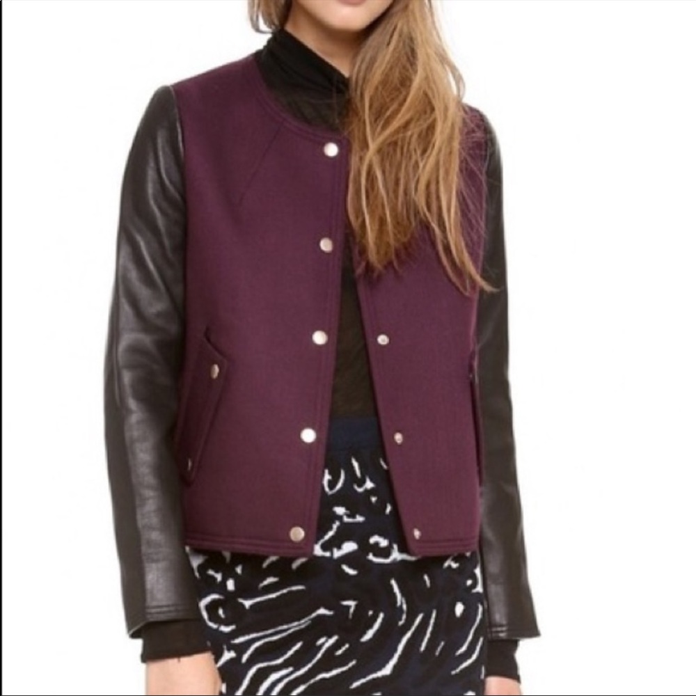 Club Monaco Black & Burgundy Varsity Jacket with Leather Sleeves - Size XS